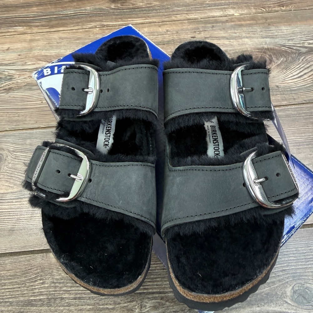 Birkenstock Womens 37‎ Arizona Big Buckle Sandals Black Shearling Leather NEW